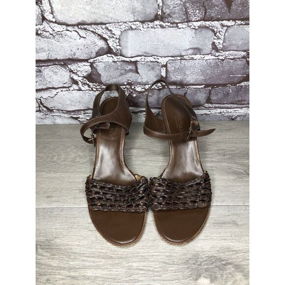 Cole Haan Brown Leather Woven Heel AnkleStrap Sandals Women Sz 8B US Broken Heel - Picture 2 of 16